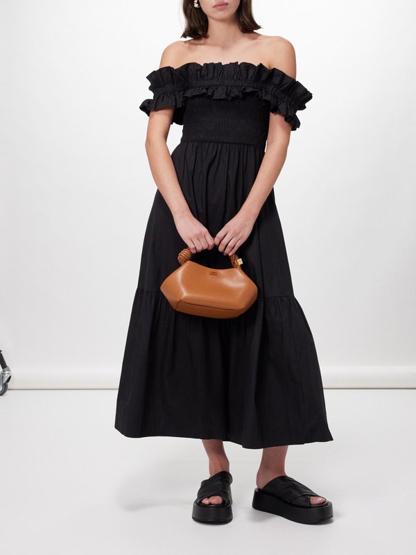 Black Smocked organic-cotton poplin midi dress | Ganni | MATCHES UK
