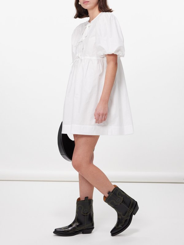 GANNI (Ganni) Tie-front puff-sleeve organic-cotton mini dress