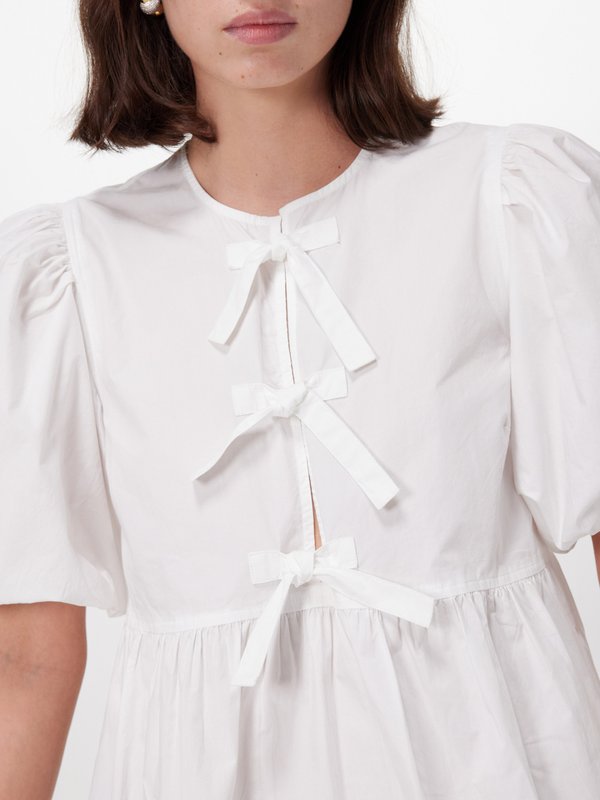GANNI Tie-front puff-sleeve organic-cotton mini dress
