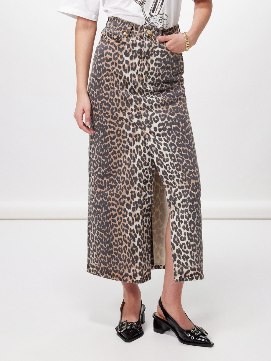 Brown Leopard-print organic cotton-blend denim skirt | Ganni | MATCHES UK