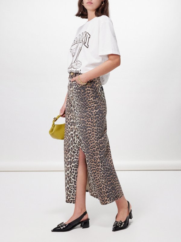GANNI (Ganni) Leopard-print organic cotton-blend denim skirt