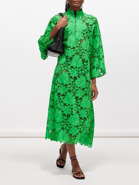 Green Cropped sleeve floral lace kaftan La Vie Style House