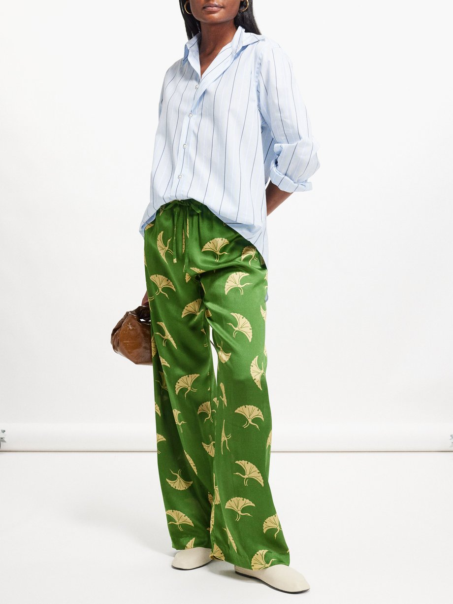 Green Crane-print drawstring silk-twill trousers | Dries Van Noten