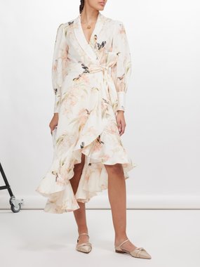 Zimmermann Bird-print linen wrap dress