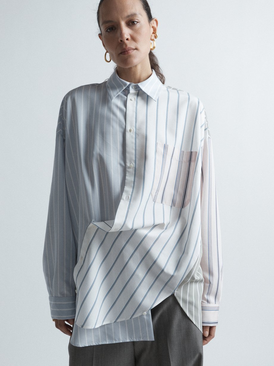 Blue Asymmetric mixed stripe cotton shirt | Raey | MATCHES UK
