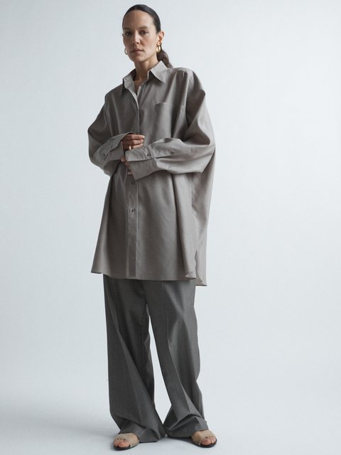 Light grey pants with long grey oversized knitted mohair coat by Les  Copains RTW 2015