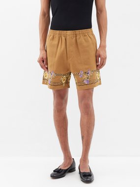 Bode Floral-embroidered cotton-twill shorts