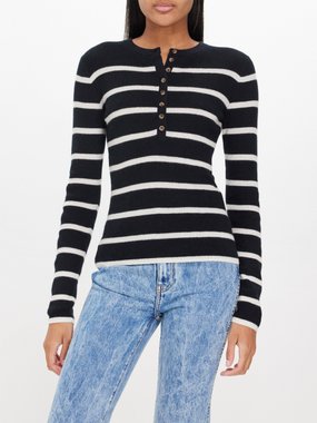 La Ligne Striped ribbed-knit cashmere Henley top