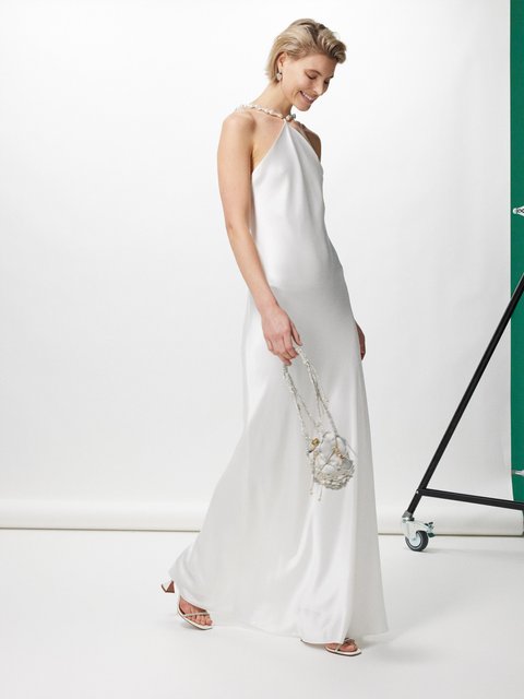 White Cadence pearl-embellished satin dress | Staud | MATCHES UK