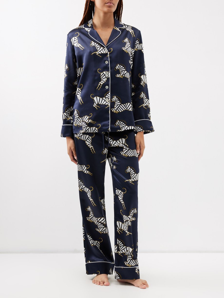 Navy Lila zebra-print silk-satin pyjamas | Olivia von Halle | MATCHES UK