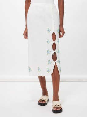 Sea Tania floral-beaded cotton-blend midi skirt