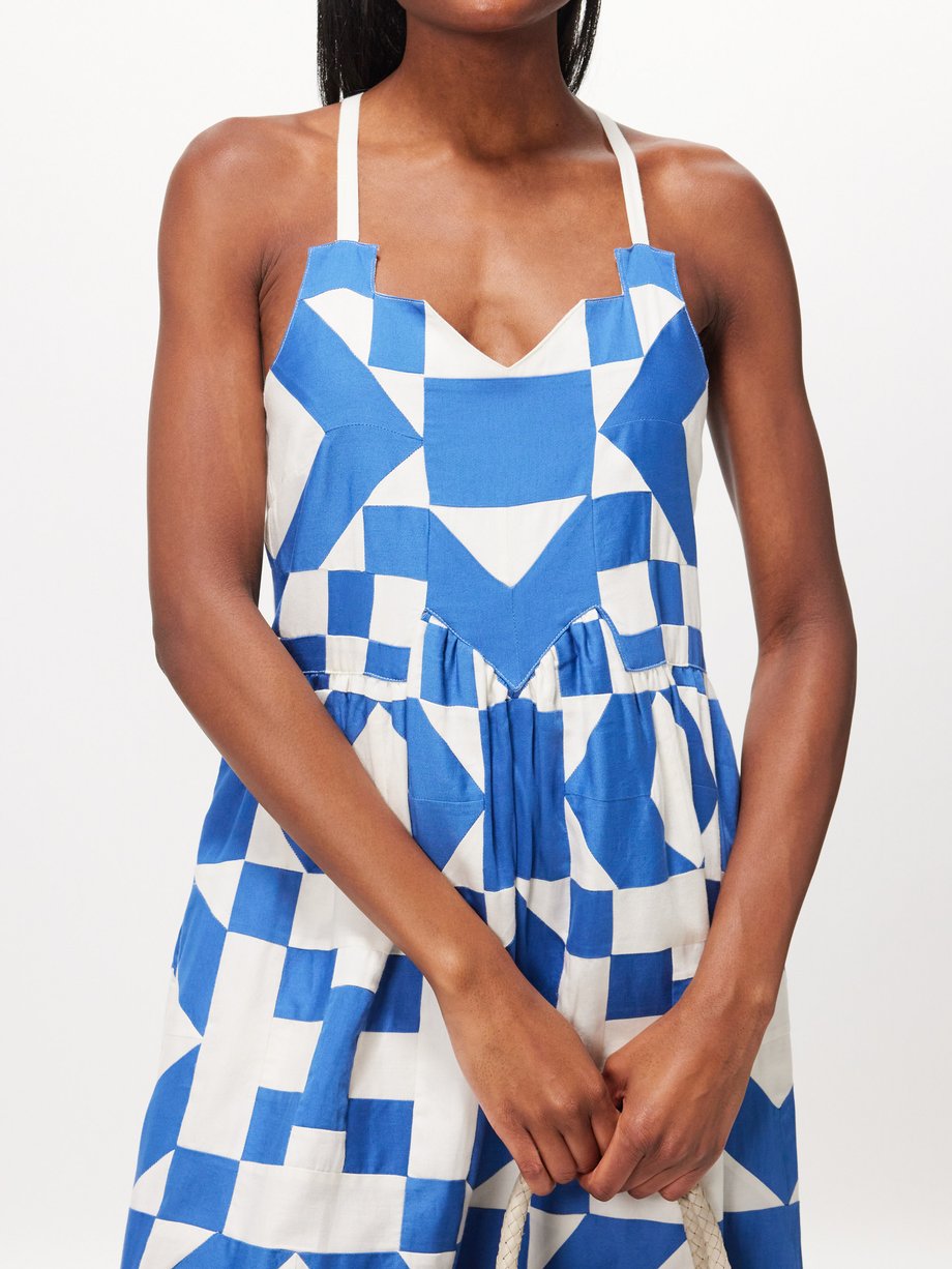 Blue Tanya geometric-patchwork cotton midi dress, Sea