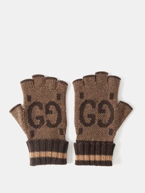 GUCCI Fingerless Monogrammed Jacquard-Knit Cashmere Gloves for Men