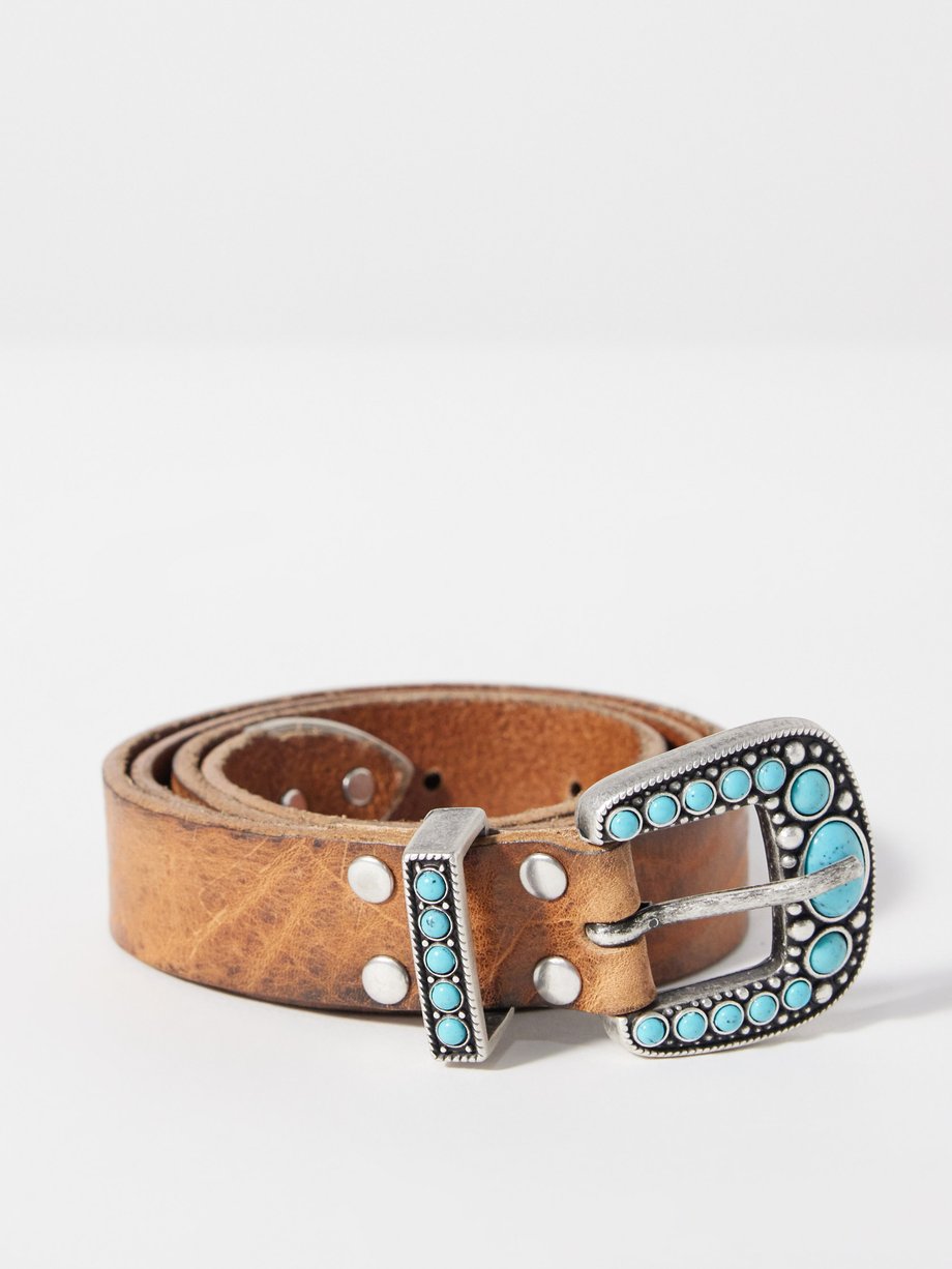 Tan Thelma turquoise-embellished leather belt, Fortela