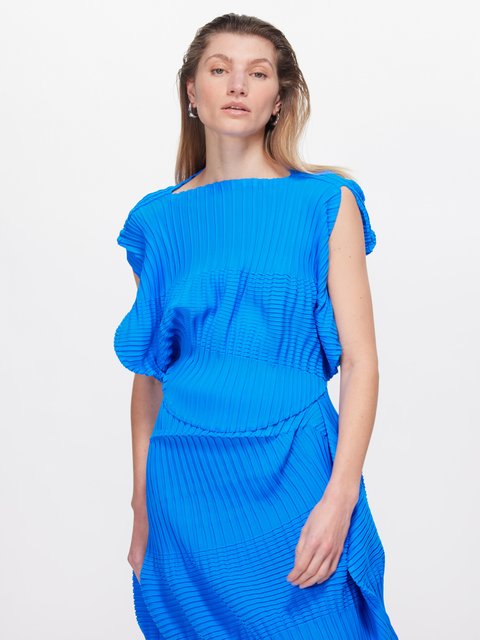 Blue Cap-sleeve asymmetric pleated-jersey top | Issey Miyake