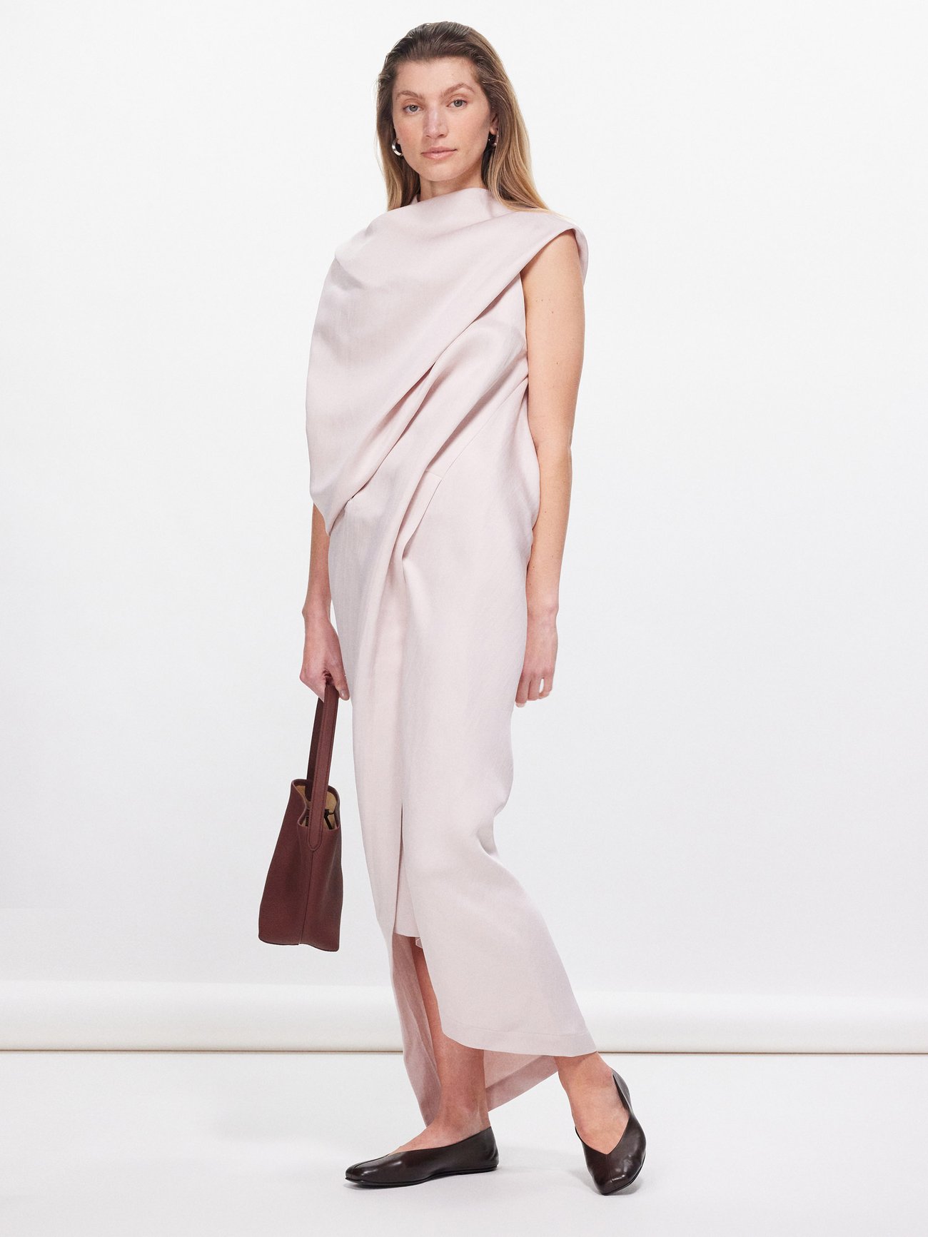 Draped paper-blend asymmetric midi dress
