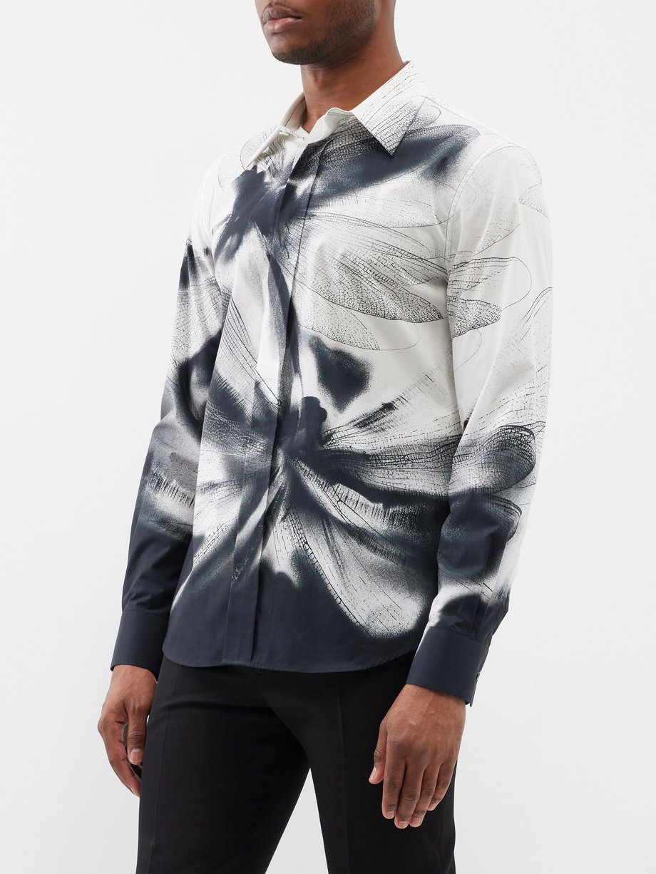 Black Dragonfly-embroidered cotton-poplin shirt, Alexander McQueen