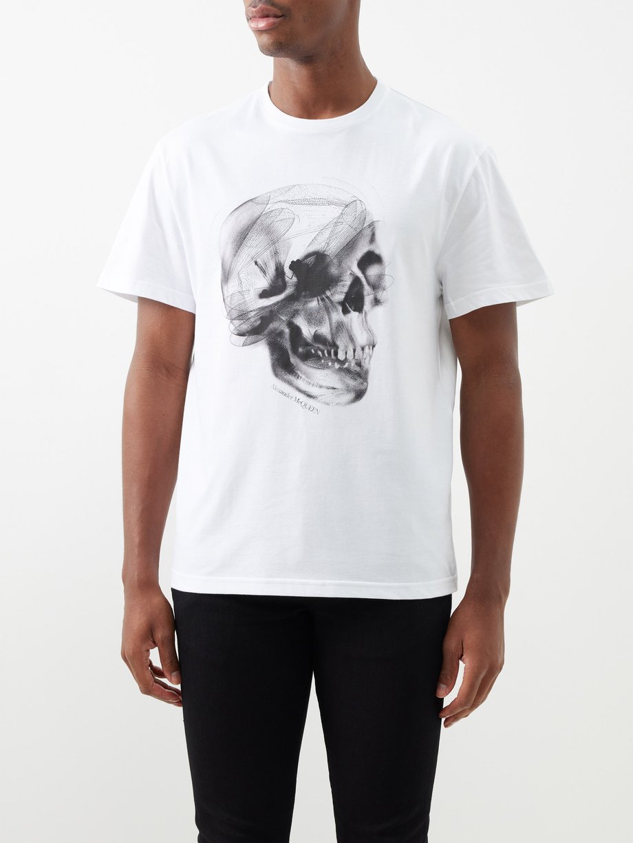 White Dragonfly Skull-print cotton-jersey T-shirt | Alexander McQueen ...