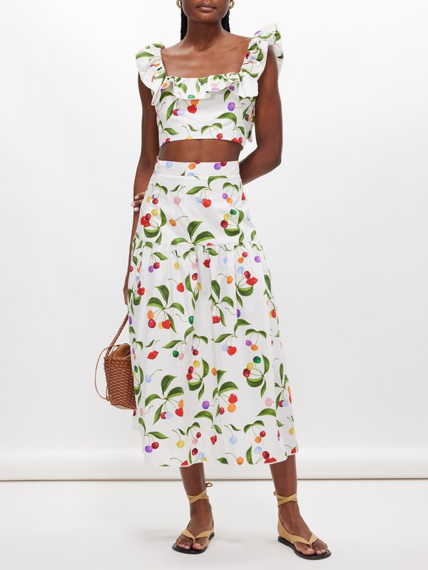 Borgo De Nor June cherry-print cotton-poplin midi skirt