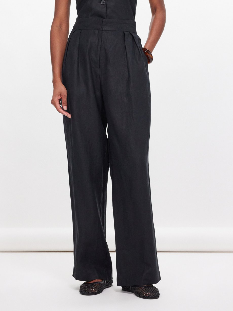 Black Duomo pleated linen straight-leg trousers | Faithfull The Brand ...