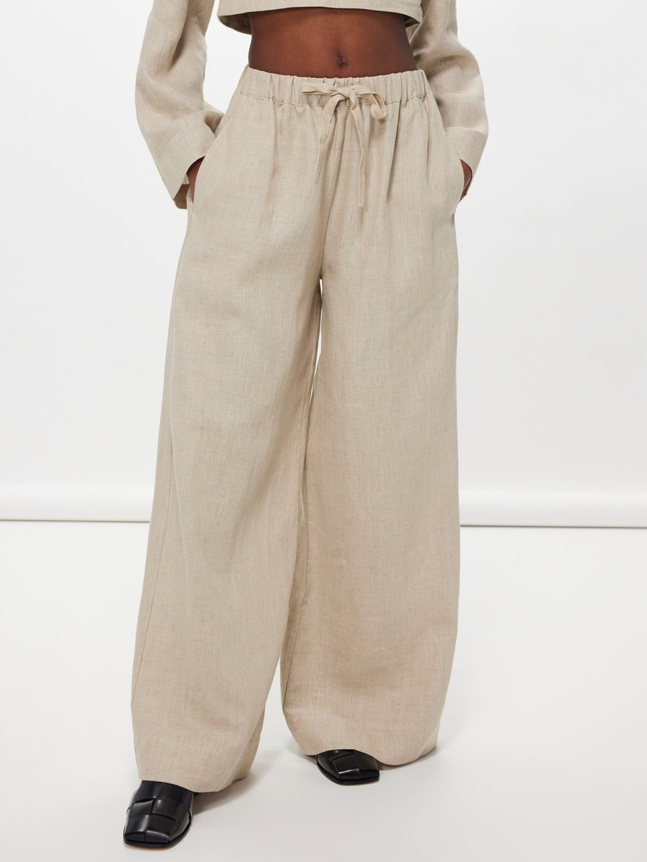 Linen wide-leg drawstring trousers –