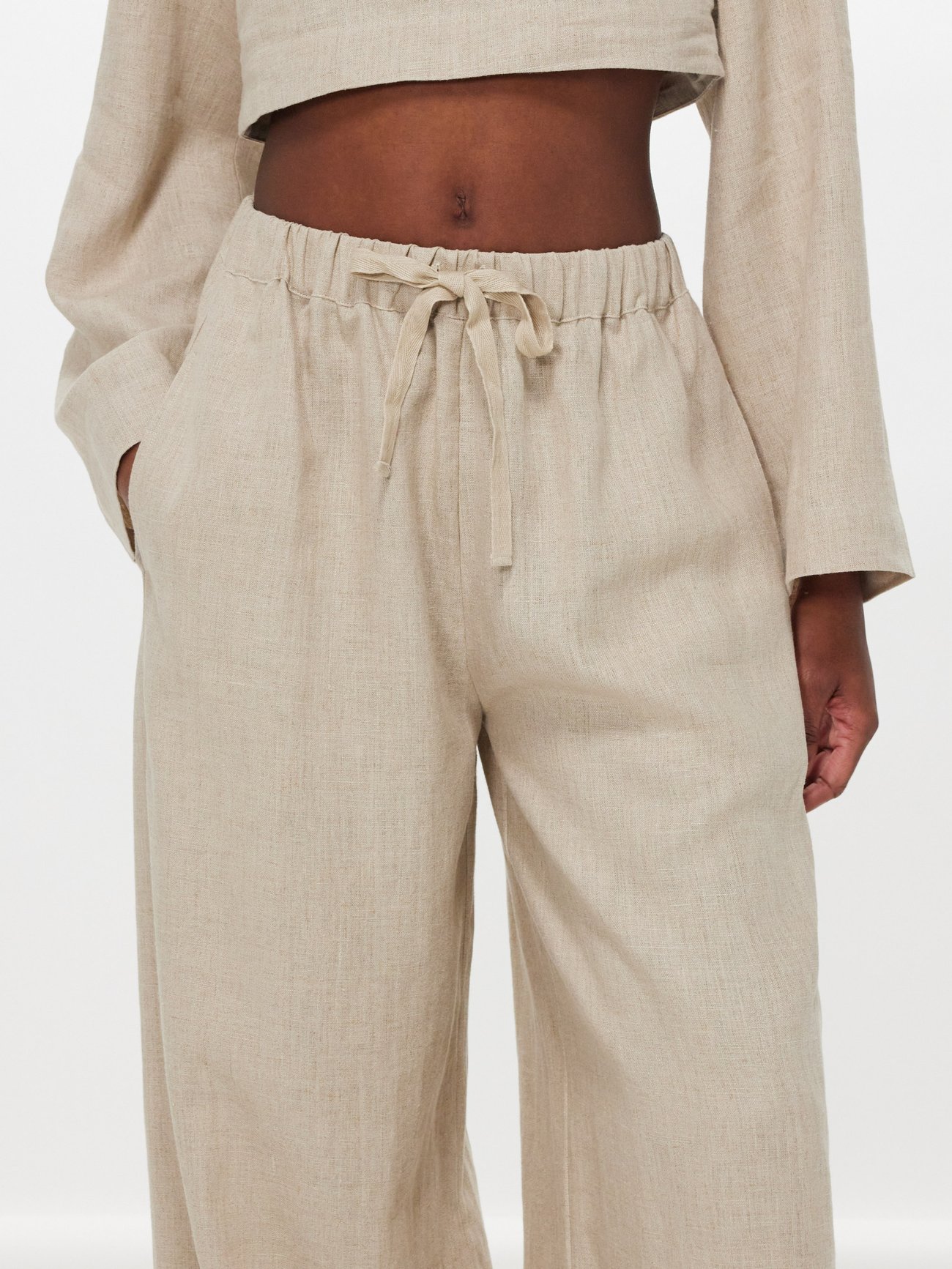 Solid Drawstring Linen/Cotton Trousers - High Waist - Light Beige -  Granqvist - Ties, shirts and accessories