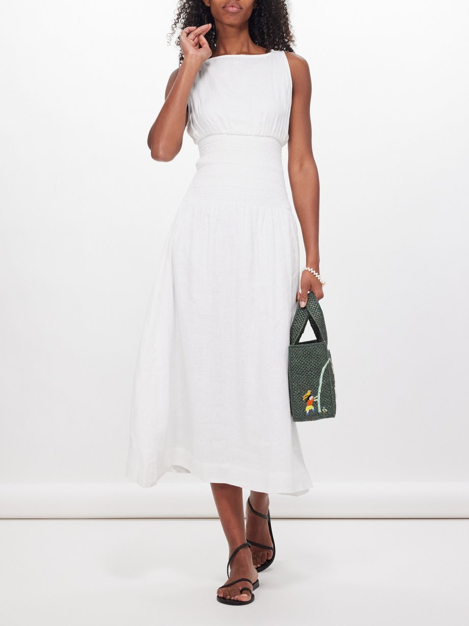 White La Canella shirred linen midi dress, Faithfull The Brand