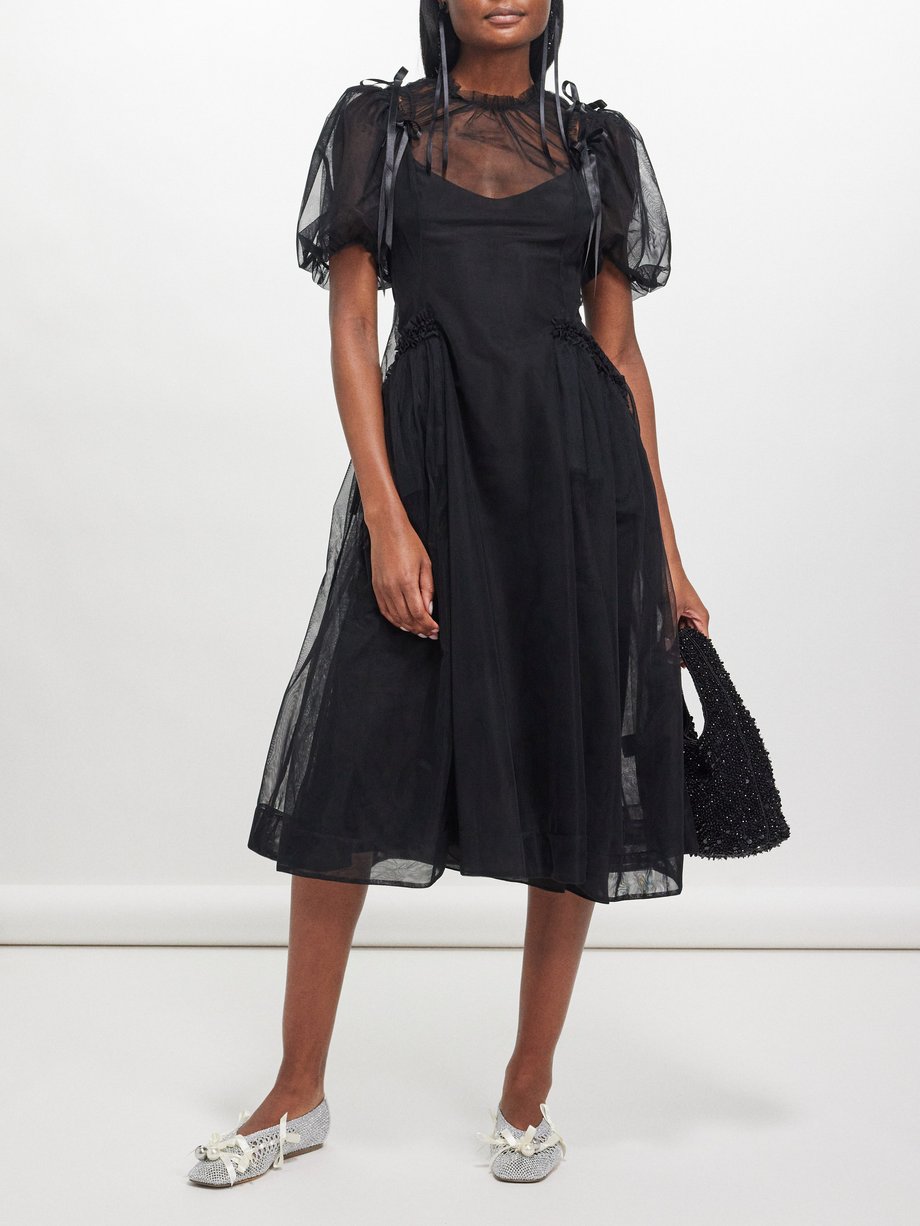 Black Puff-sleeve tulle midi dress | Simone Rocha | MATCHES UK