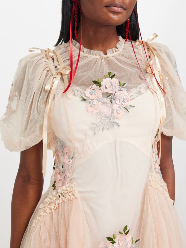 Simone Rocha Rose-embroidered puff-sleeve tulle midi dress