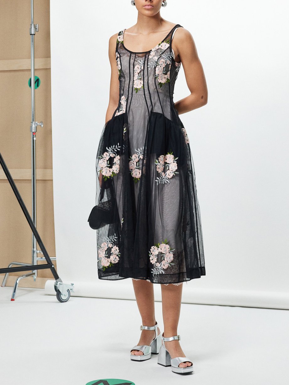Black Rose-embroidered tulle midi dress | Simone Rocha | MATCHES UK