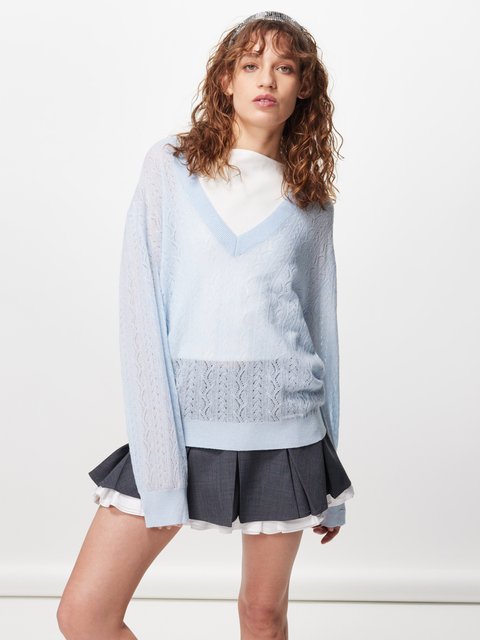 Blue V-neck pointelle-knit sweater, SHUSHU/TONG