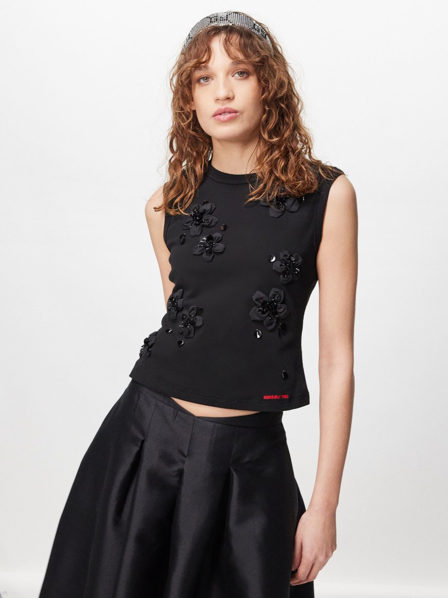 Black Flower-appliqué cotton-blend top, SHUSHU/TONG