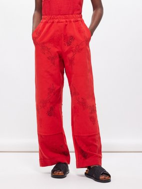 By Walid Syd floral-embroidered vintage-linen trousers
