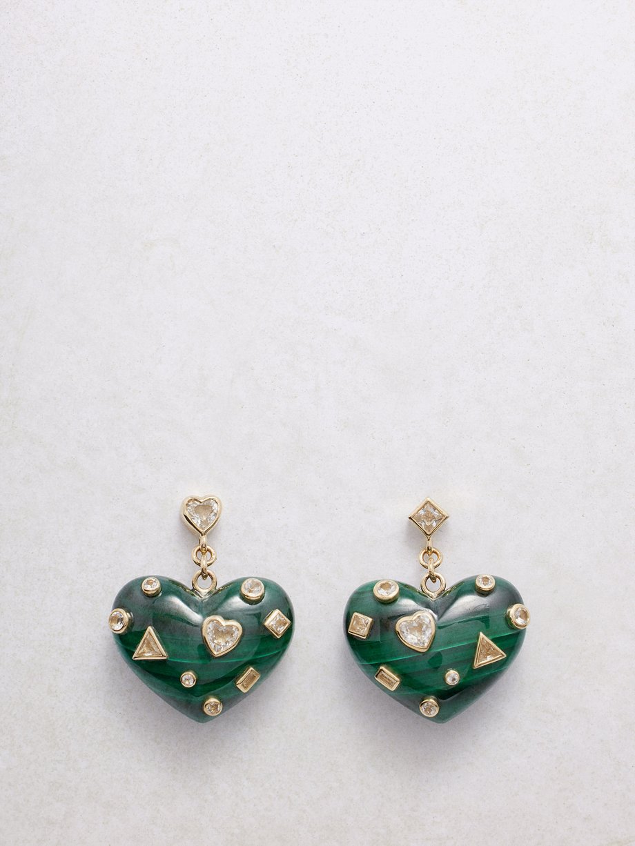Yvonne Léon Heart malachite, topaz & 9kt gold earrings