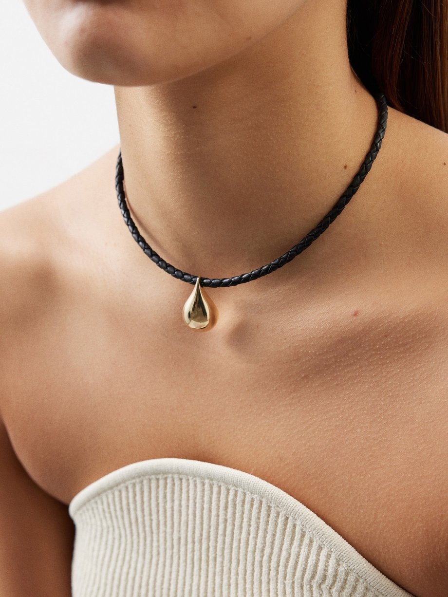 Black Water Droplet leather and 14kt gold necklace | Mateo | MATCHES UK