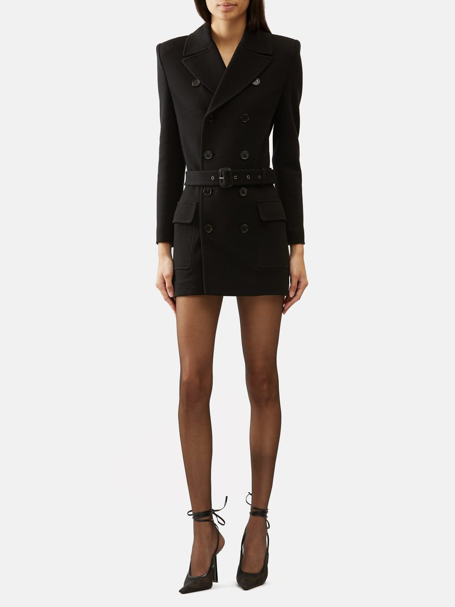 Black Double-breasted belted wool-blend jacket | Saint Laurent | MATCHES UK