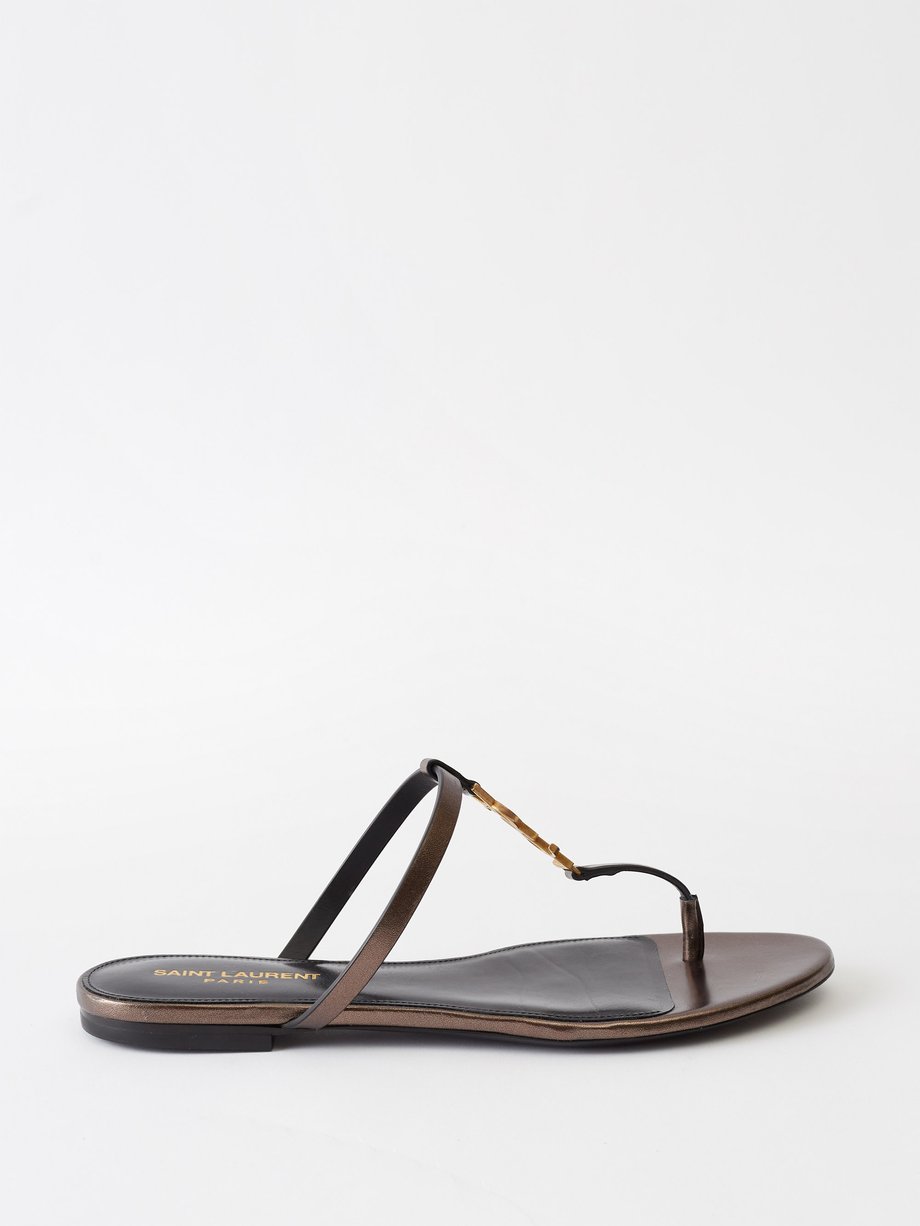 Brown Cassandra logo-plaque leather flat sandals | Saint Laurent ...