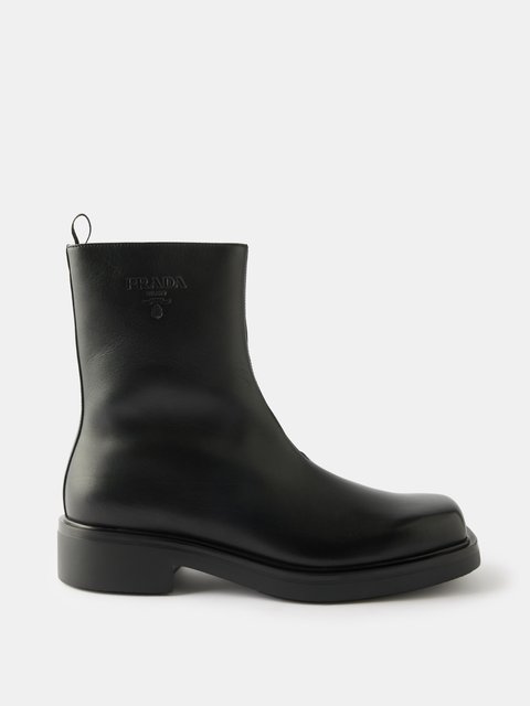 Black Square-toe leather boots | Prada | MATCHES UK