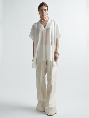 Versace Printed Long Sleeve Silk Shirt worn by Roger Mathews as