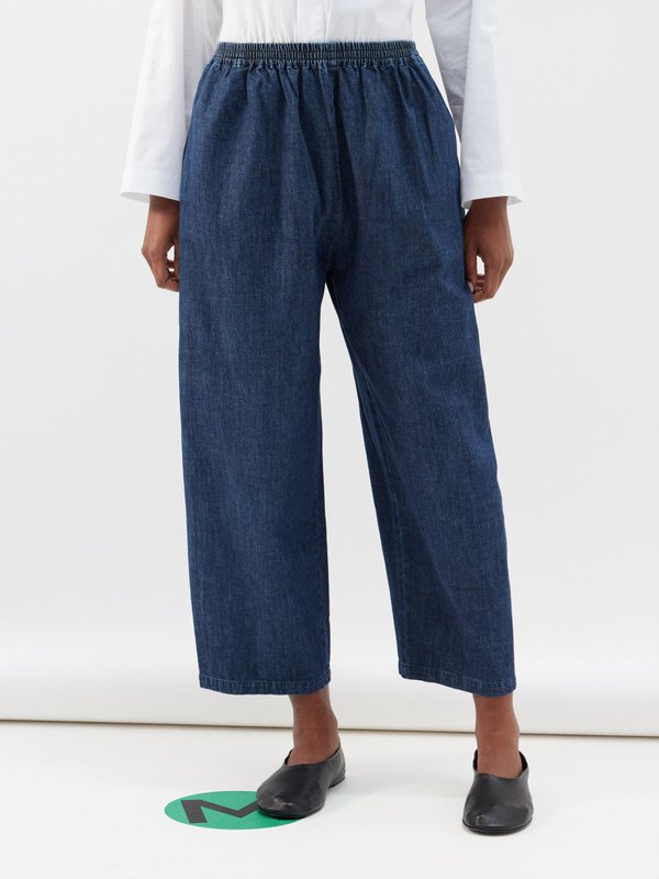 Eskandar Elasticated-waist cotton-denim cropped trousers
