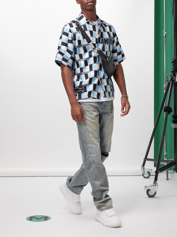 Amiri Snake checker-print silk bowling shirt