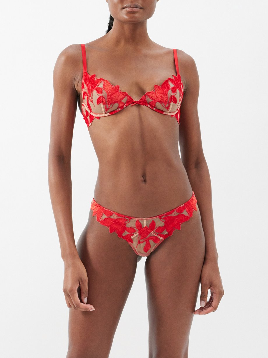 Red Lily floral-embroidered tulle underwired bra, Fleur du Mal