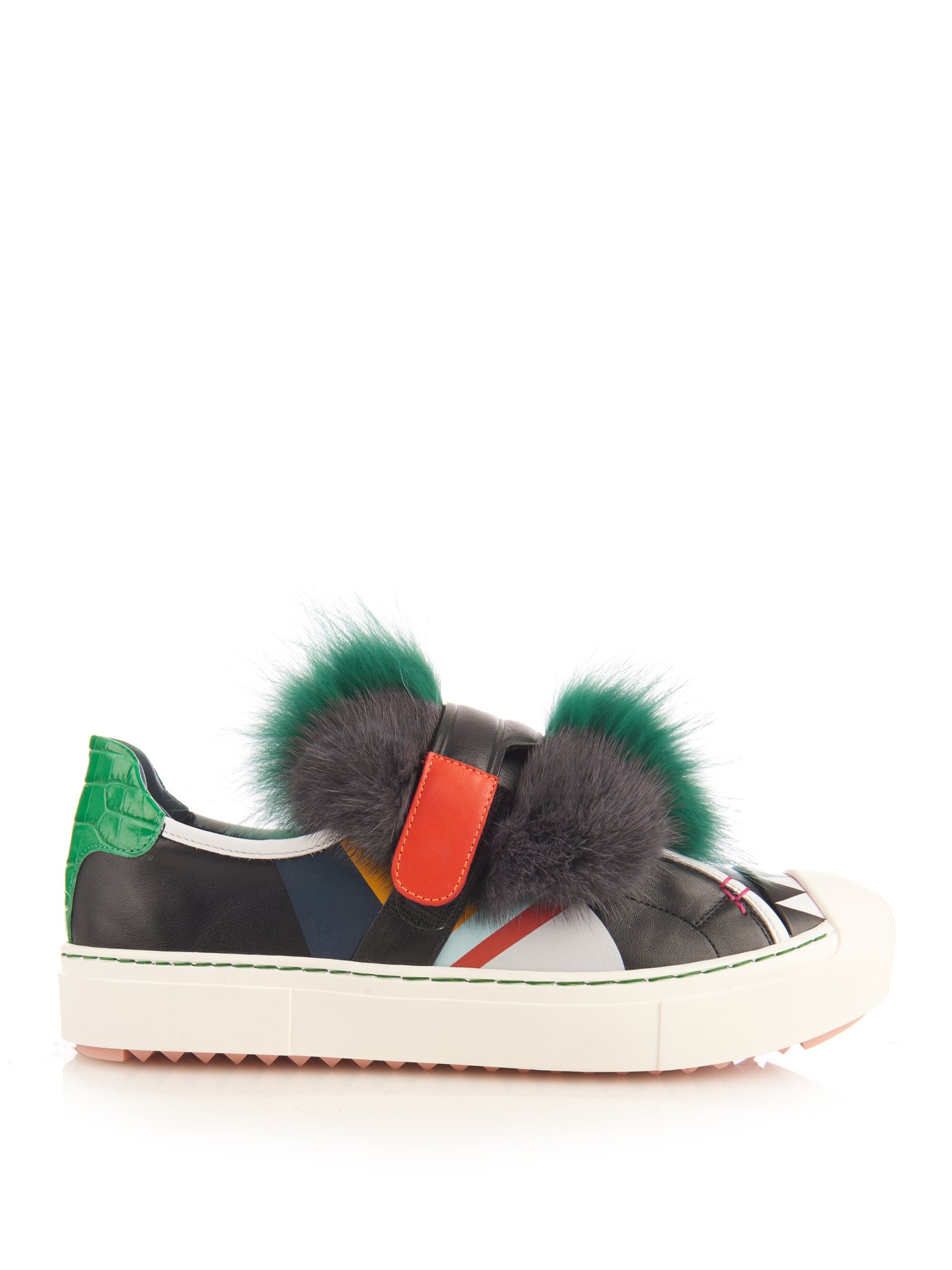 Bag Bugs-print leather and fur trainers 