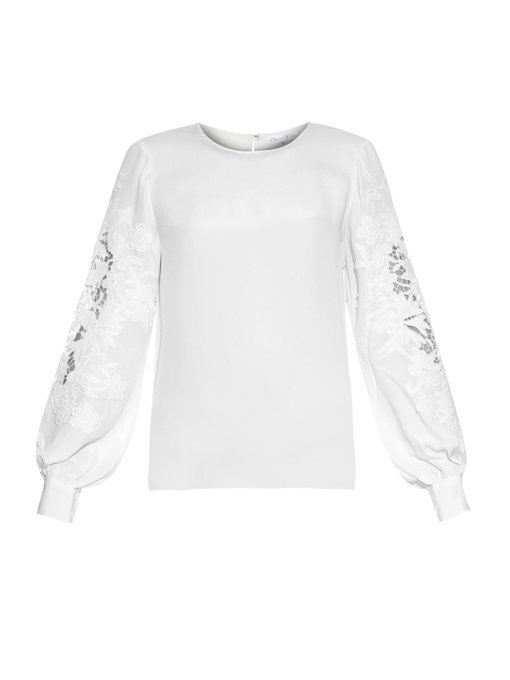 Lace-insert long-sleeved silk blouse | Oscar De La Renta ...