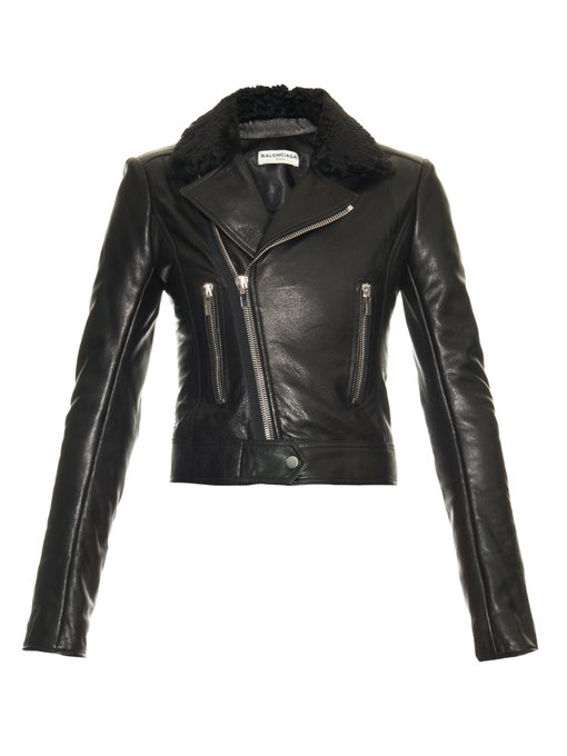 Shearling-collar leather biker jacket | Balenciaga | MATCHESFASHION US