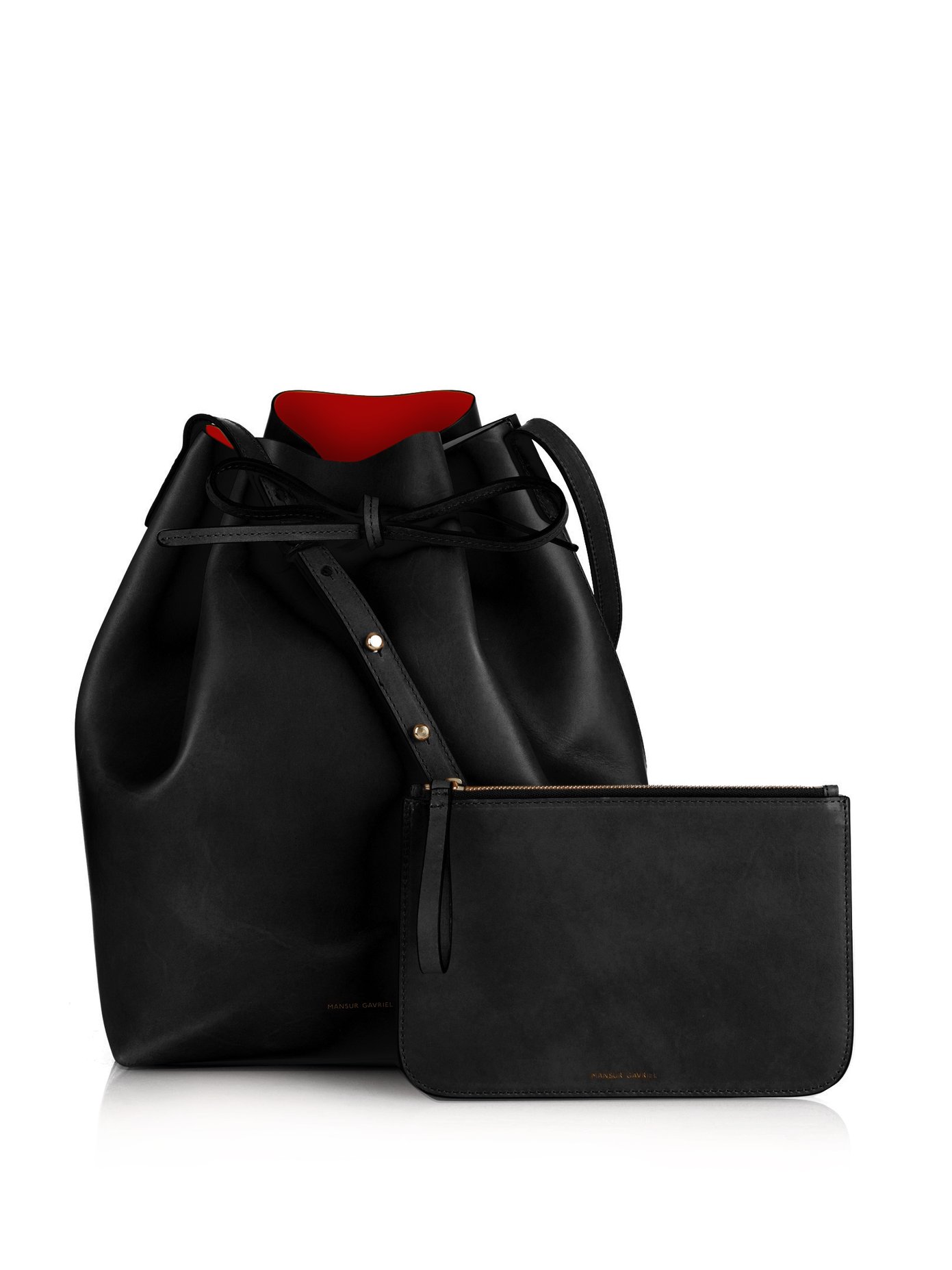 black bucket bag with red lining