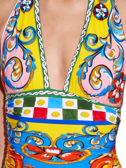 Carretto-print ruched halterneck swimsuit | Dolce & Gabbana ...