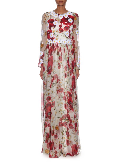 Daisy-appliqué poppy-print silk-chiffon gown | Dolce & Gabbana ...