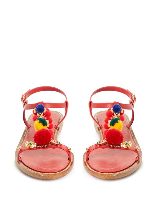 Pompom-embellished T-bar leather sandals | Dolce & Gabbana ...