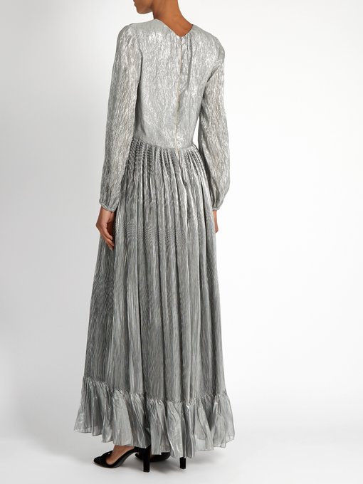Long-Sleeved Pleated Maxi Dress in Silver | ModeSens